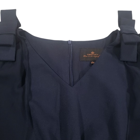 Chezcoco Midi Ruffled Dress Womens Navy Blue L V Neck Flutter Sleeve Soft Bow - Picture 3 of 11